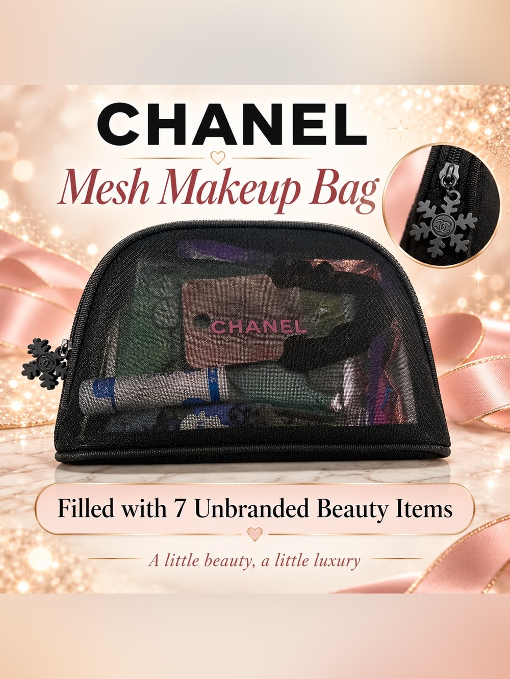 Chanel mesh makeup bag full of beauty products
